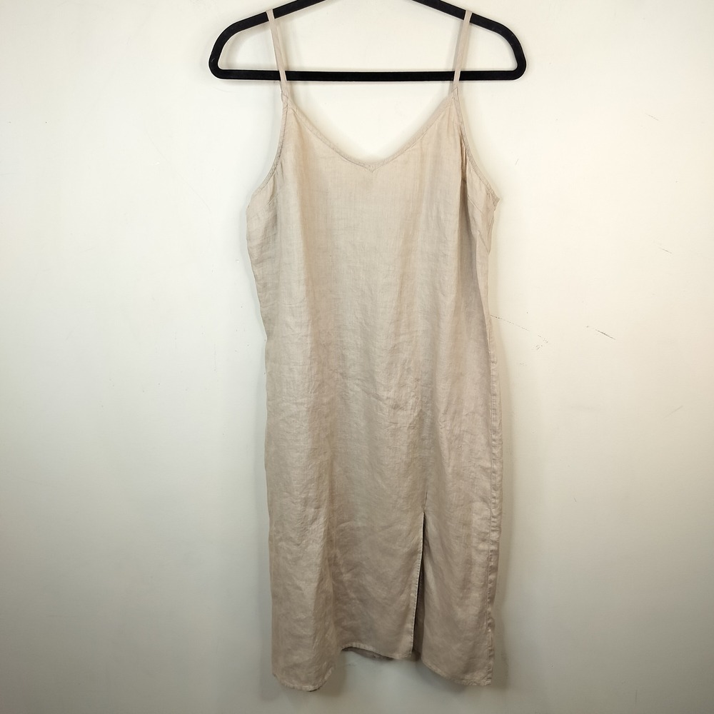 Rachel Zoe Linen Tank Dress 12 Smocked Back Thigh Slit Midi Beige